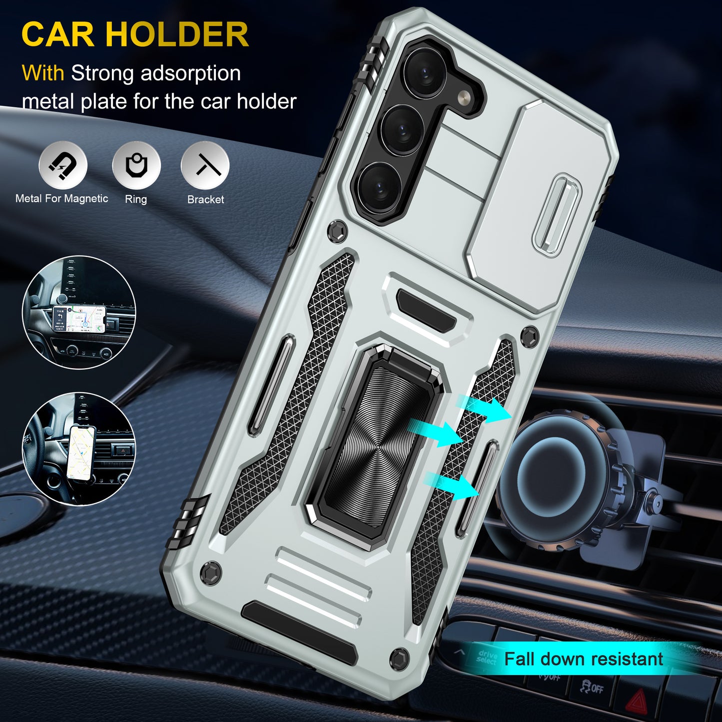 Armor Series For Samsung Galaxy S24 Case PC+TPU Shockproof Kickstand Smart Phone Back Protector with Slide Lens Lid - Grey