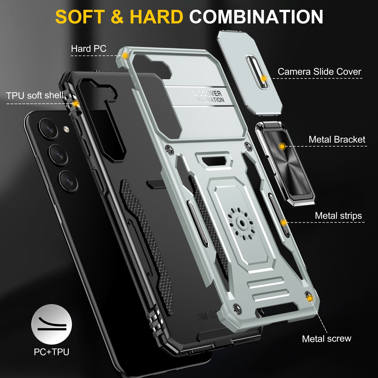 Armor Series For Samsung Galaxy S24 Case PC+TPU Shockproof Kickstand Smart Phone Back Protector with Slide Lens Lid - Grey
