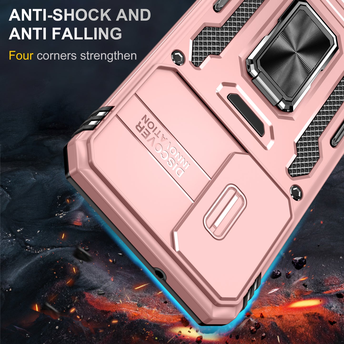Armor Series For Samsung Galaxy S24 Case PC+TPU Shockproof Kickstand Smart Phone Back Protector with Slide Lens Lid - Rose Gold