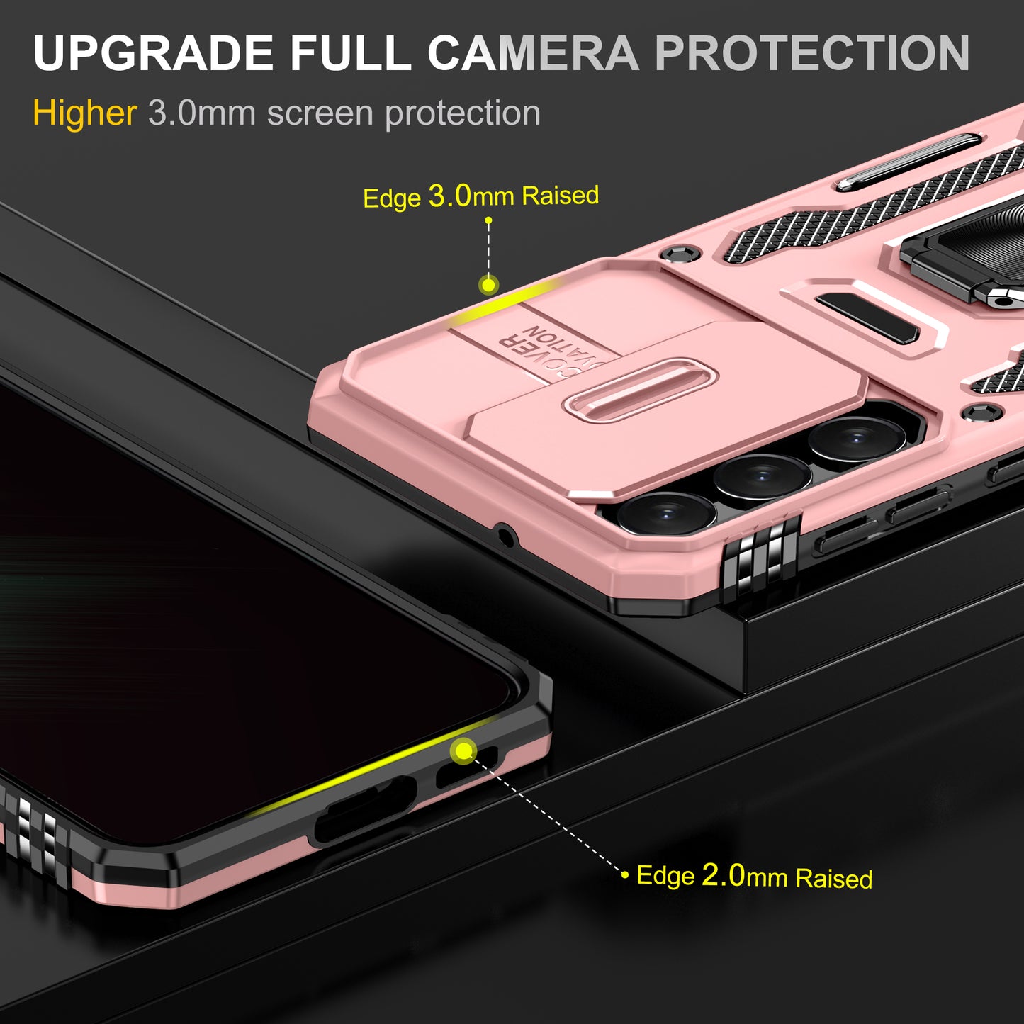 Armor Series For Samsung Galaxy S24 Case PC+TPU Shockproof Kickstand Smart Phone Back Protector with Slide Lens Lid - Rose Gold