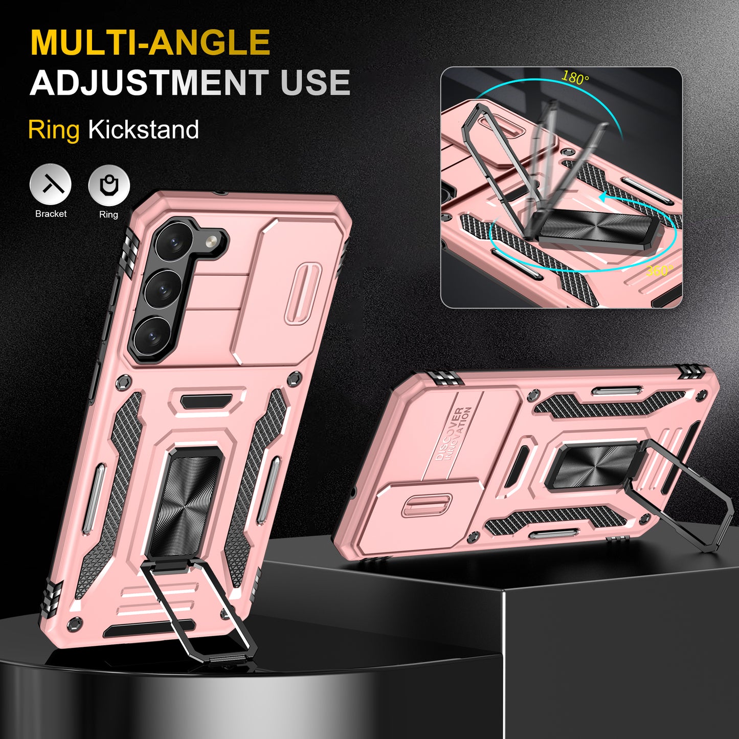 Armor Series For Samsung Galaxy S24 Case PC+TPU Shockproof Kickstand Smart Phone Back Protector with Slide Lens Lid - Rose Gold