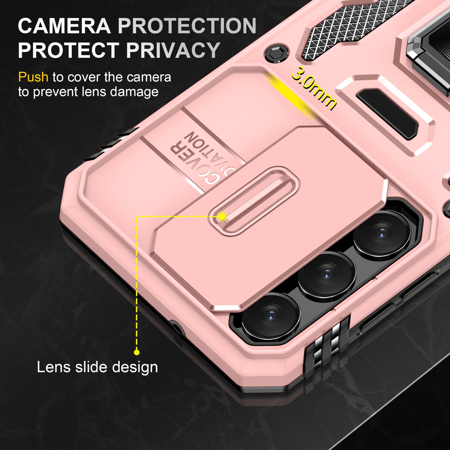 Armor Series For Samsung Galaxy S24 Case PC+TPU Shockproof Kickstand Smart Phone Back Protector with Slide Lens Lid - Rose Gold