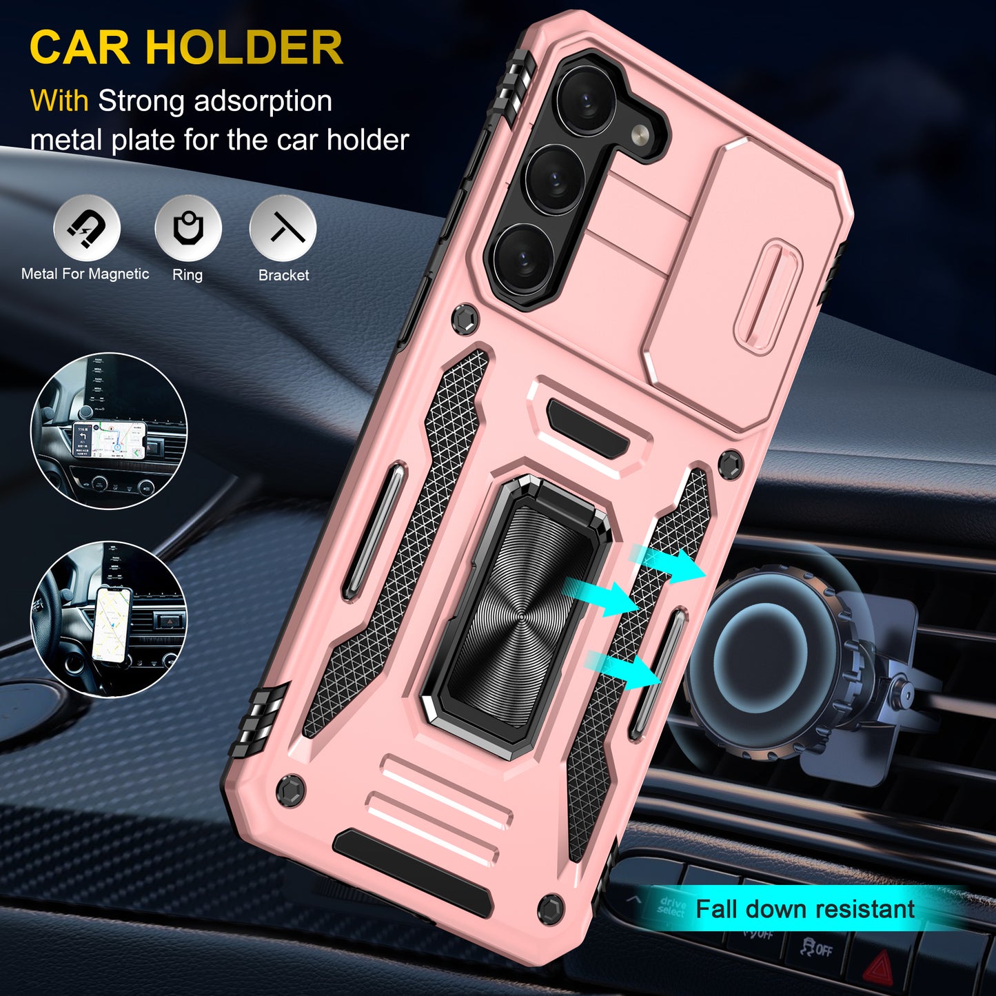Armor Series For Samsung Galaxy S24 Case PC+TPU Shockproof Kickstand Smart Phone Back Protector with Slide Lens Lid - Rose Gold