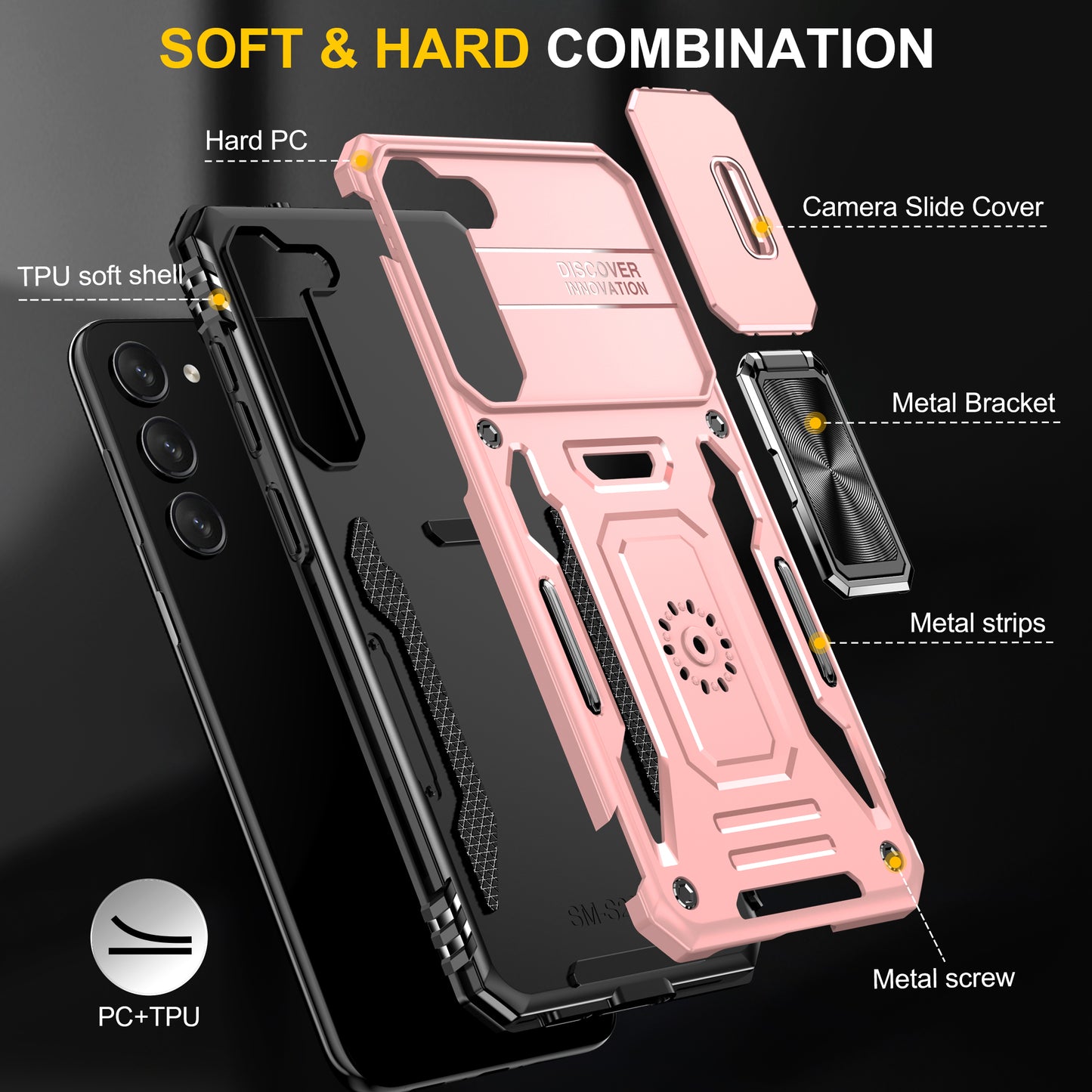 Armor Series For Samsung Galaxy S24 Case PC+TPU Shockproof Kickstand Smart Phone Back Protector with Slide Lens Lid - Rose Gold