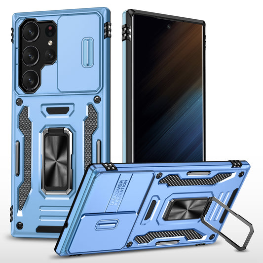 Armor Series For Samsung Galaxy S24 Ultra Case Slide Lens Protection Shockproof PC+TPU Kickstand Phone Cover - Light Blue