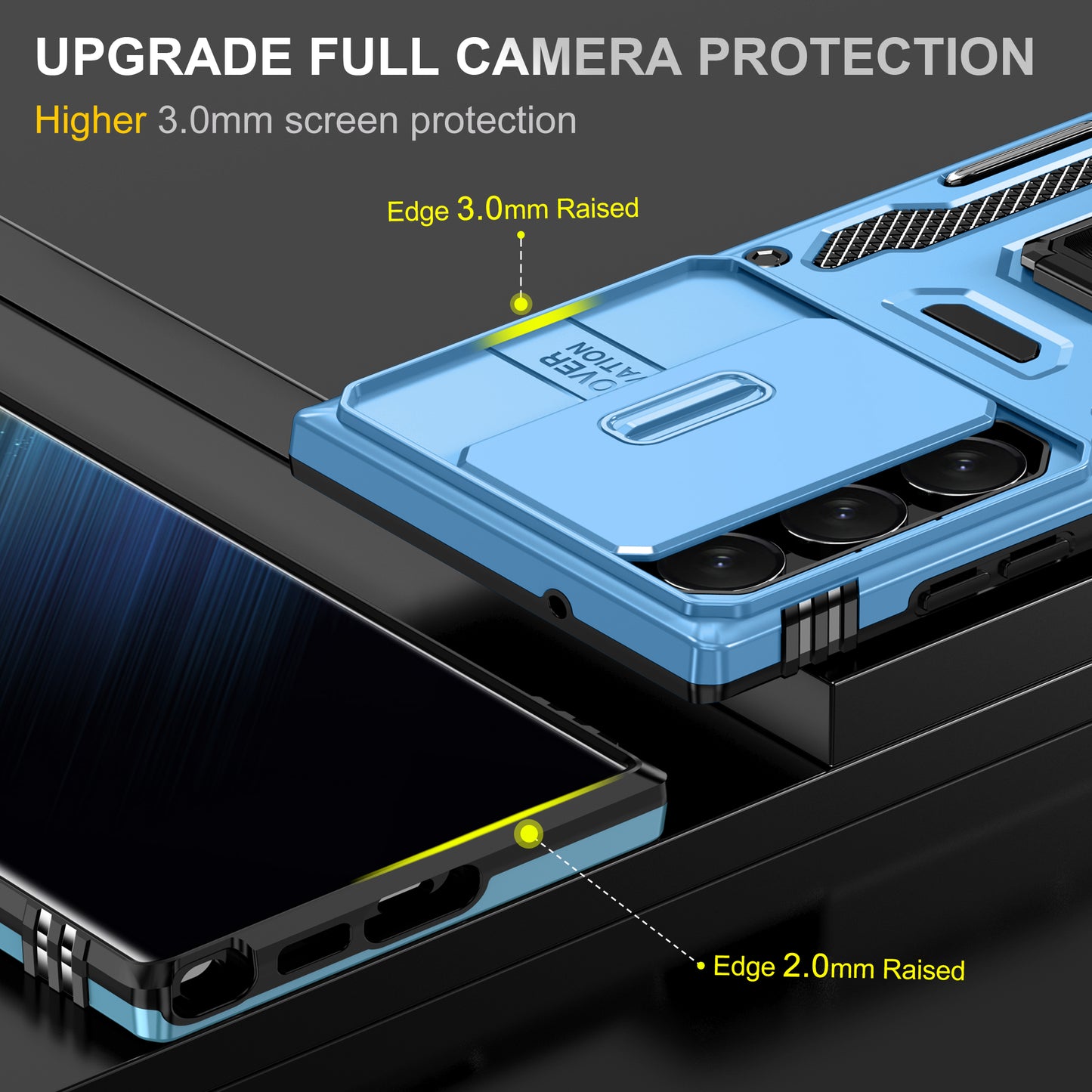Armor Series For Samsung Galaxy S24 Ultra Case Slide Lens Protection Shockproof PC+TPU Kickstand Phone Cover - Light Blue