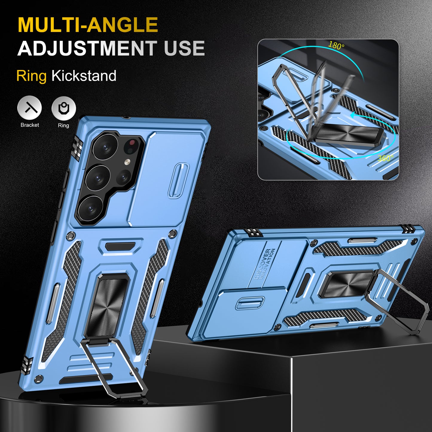 Armor Series For Samsung Galaxy S24 Ultra Case Slide Lens Protection Shockproof PC+TPU Kickstand Phone Cover - Light Blue