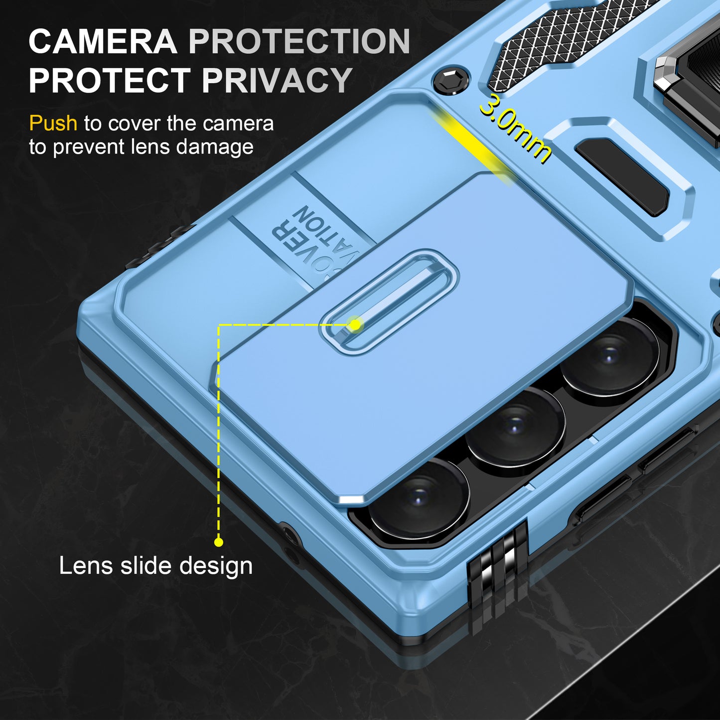 Armor Series For Samsung Galaxy S24 Ultra Case Slide Lens Protection Shockproof PC+TPU Kickstand Phone Cover - Light Blue