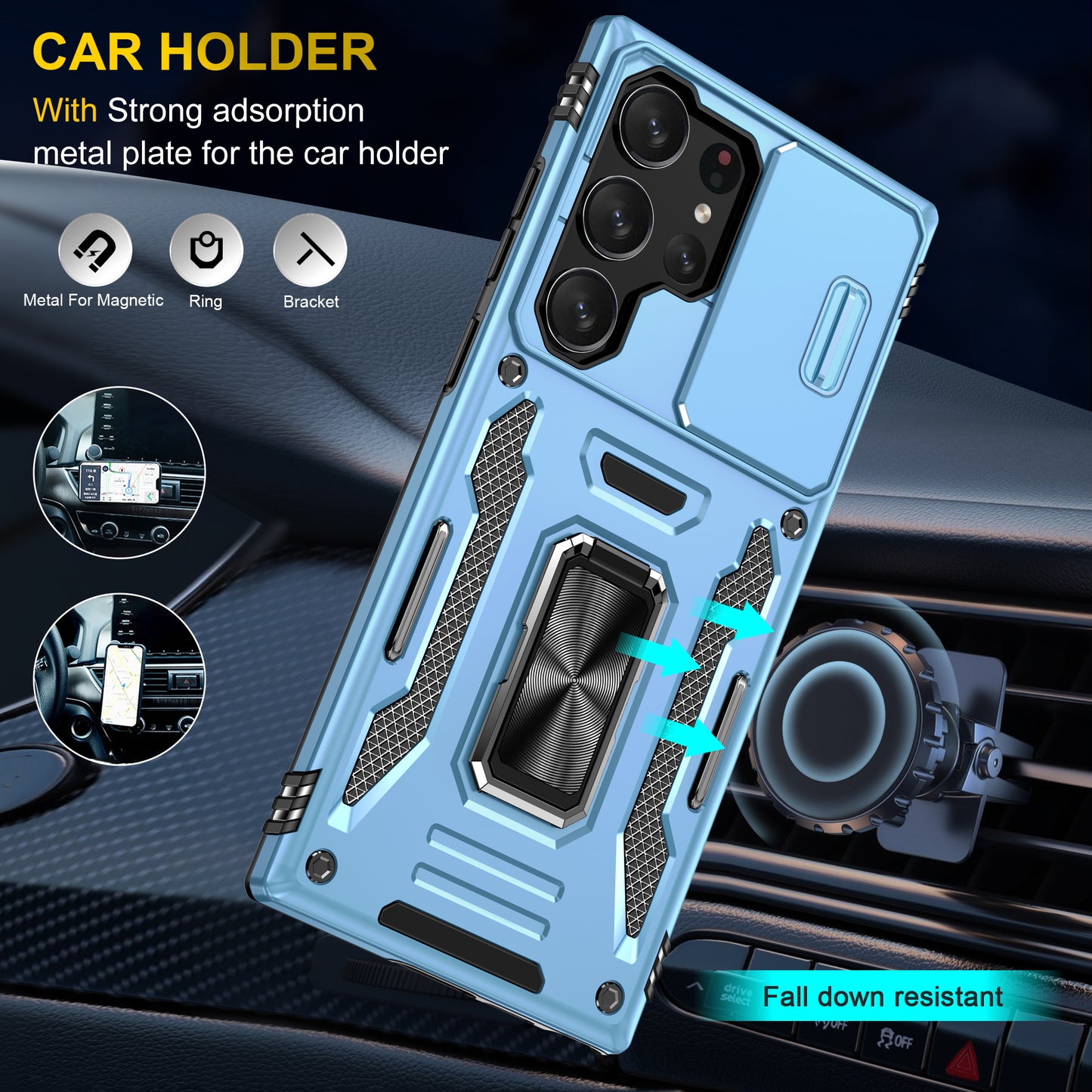 Armor Series For Samsung Galaxy S24 Ultra Case Slide Lens Protection Shockproof PC+TPU Kickstand Phone Cover - Light Blue