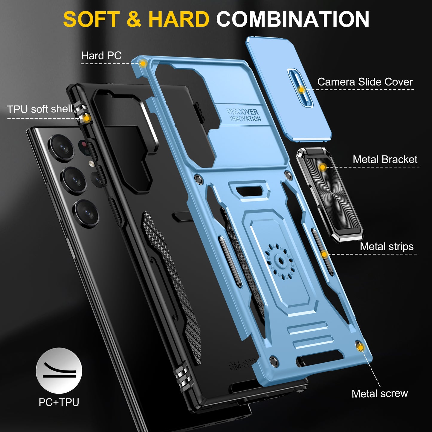 Armor Series For Samsung Galaxy S24 Ultra Case Slide Lens Protection Shockproof PC+TPU Kickstand Phone Cover - Light Blue