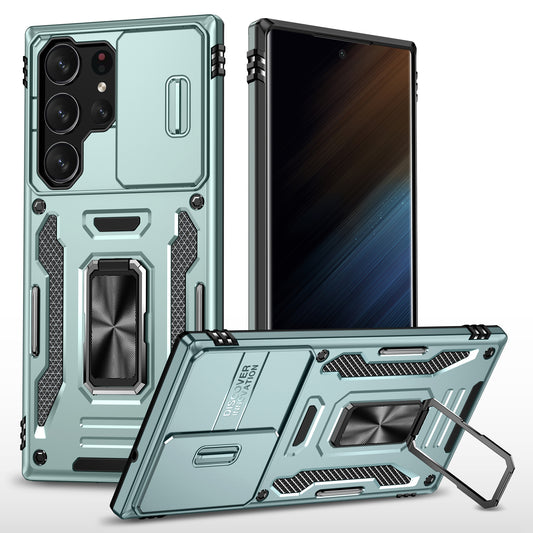 Armor Series For Samsung Galaxy S24 Ultra Case Slide Lens Protection Shockproof PC+TPU Kickstand Phone Cover - Green