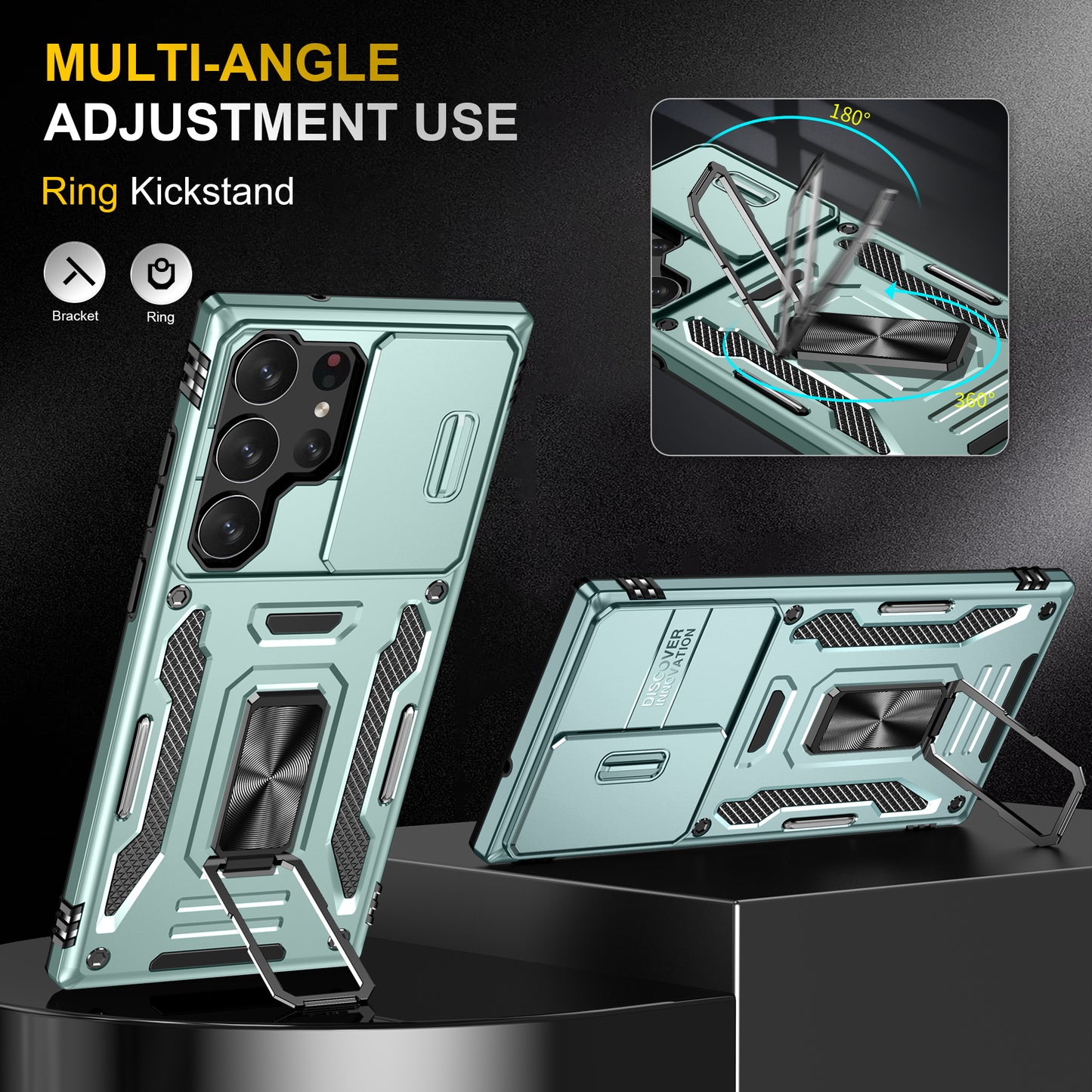 Armor Series For Samsung Galaxy S24 Ultra Case Slide Lens Protection Shockproof PC+TPU Kickstand Phone Cover - Green