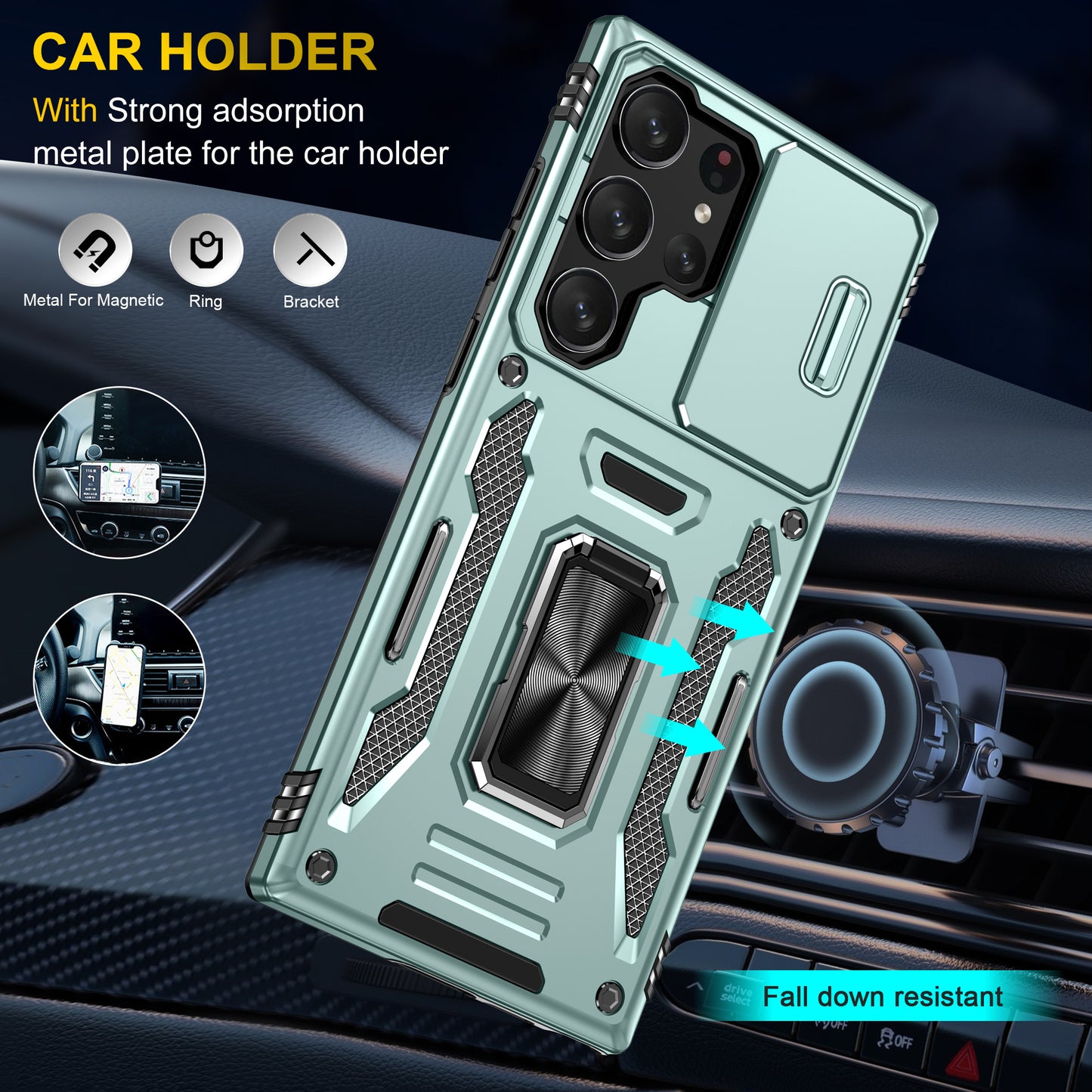 Armor Series For Samsung Galaxy S24 Ultra Case Slide Lens Protection Shockproof PC+TPU Kickstand Phone Cover - Green