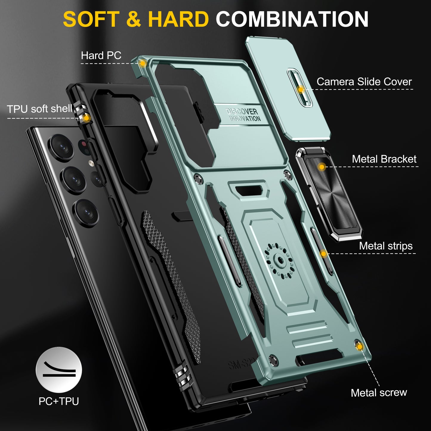 Armor Series For Samsung Galaxy S24 Ultra Case Slide Lens Protection Shockproof PC+TPU Kickstand Phone Cover - Green
