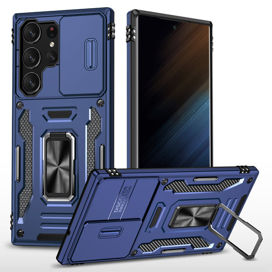 Armor Series For Samsung Galaxy S24 Ultra Case Slide Lens Protection Shockproof PC+TPU Kickstand Phone Cover - Navy Blue