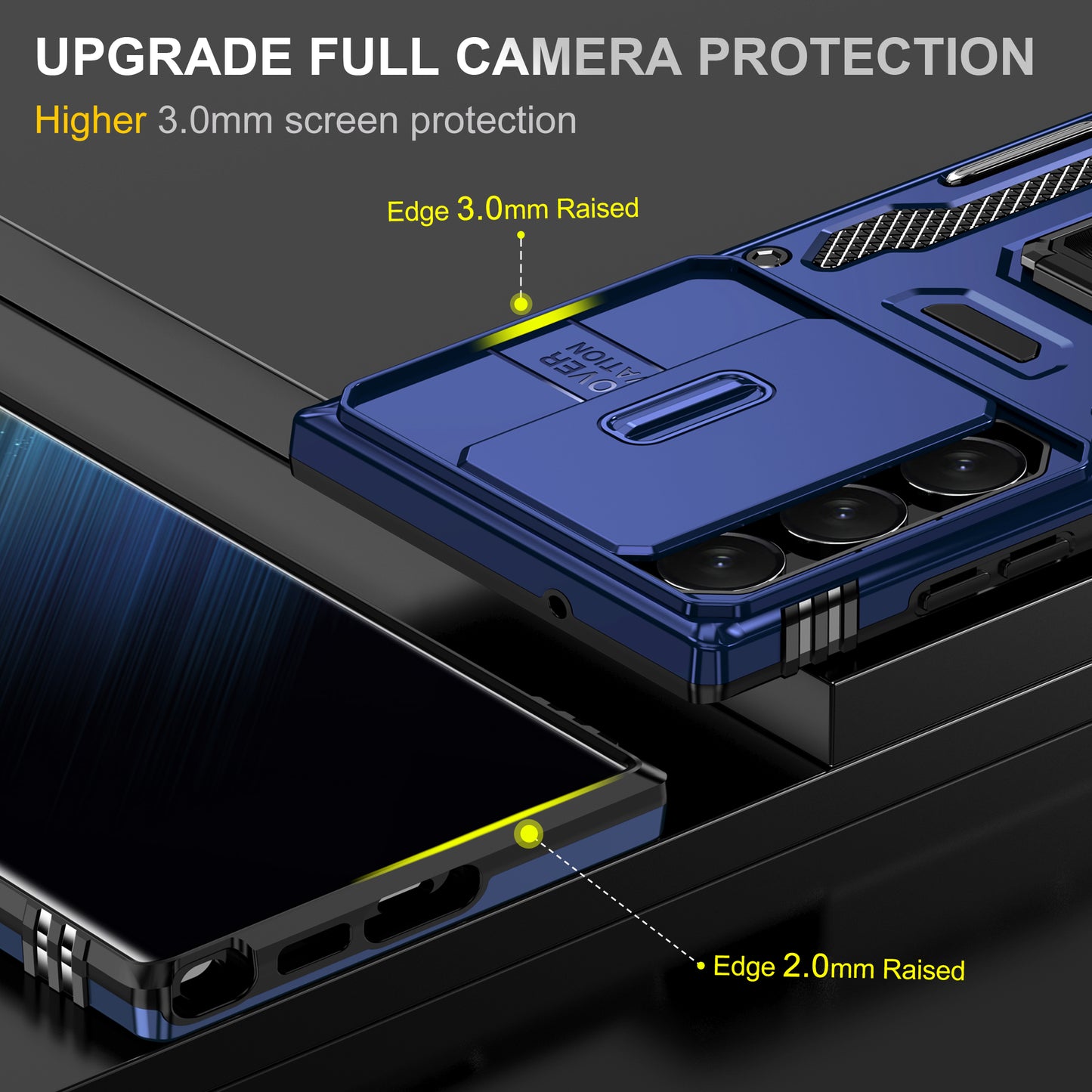 Armor Series For Samsung Galaxy S24 Ultra Case Slide Lens Protection Shockproof PC+TPU Kickstand Phone Cover - Navy Blue