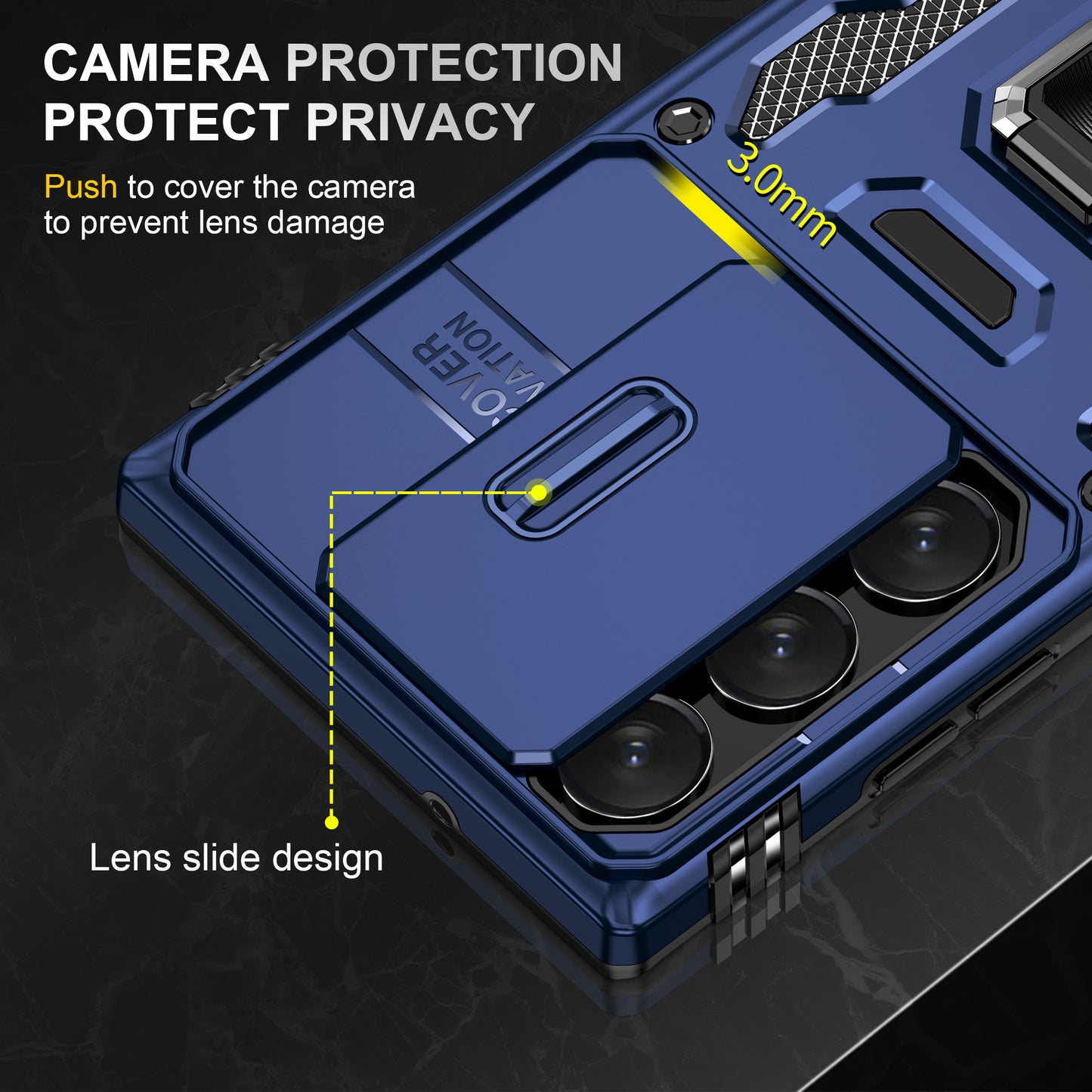 Armor Series For Samsung Galaxy S24 Ultra Case Slide Lens Protection Shockproof PC+TPU Kickstand Phone Cover - Navy Blue