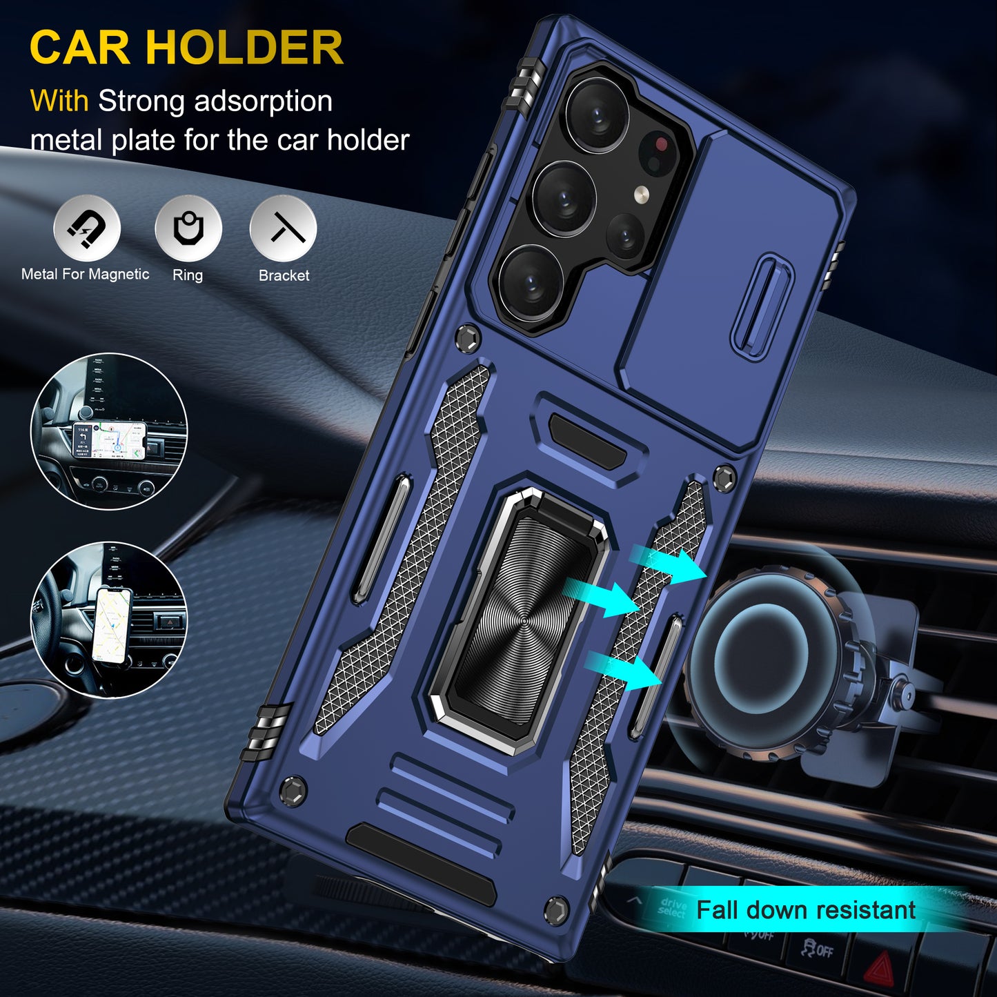 Armor Series For Samsung Galaxy S24 Ultra Case Slide Lens Protection Shockproof PC+TPU Kickstand Phone Cover - Navy Blue
