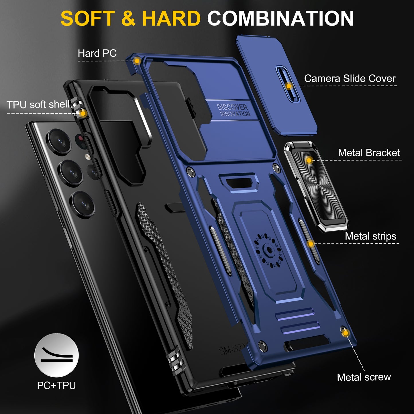 Armor Series For Samsung Galaxy S24 Ultra Case Slide Lens Protection Shockproof PC+TPU Kickstand Phone Cover - Navy Blue