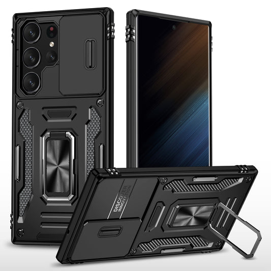 Armor Series For Samsung Galaxy S24 Ultra Case Slide Lens Protection Shockproof PC+TPU Kickstand Phone Cover - Black