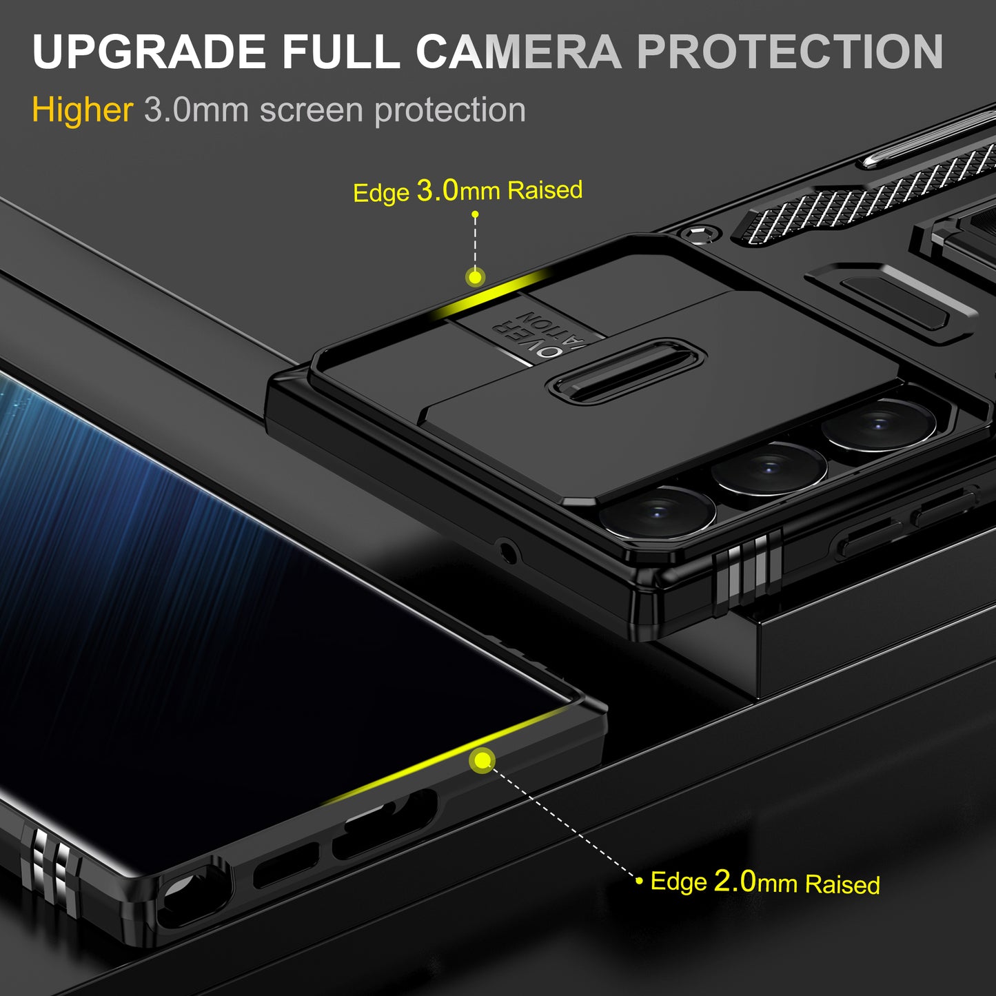 Armor Series For Samsung Galaxy S24 Ultra Case Slide Lens Protection Shockproof PC+TPU Kickstand Phone Cover - Black