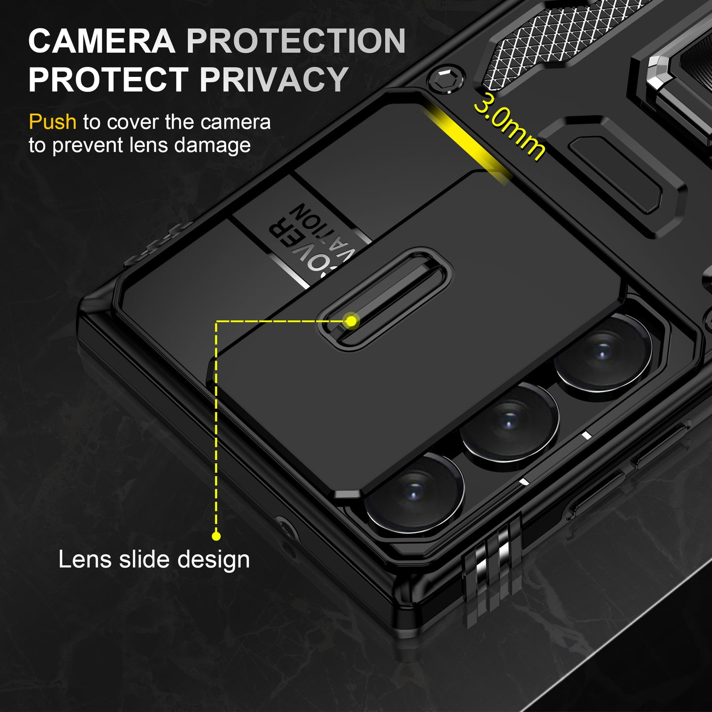 Armor Series For Samsung Galaxy S24 Ultra Case Slide Lens Protection Shockproof PC+TPU Kickstand Phone Cover - Black
