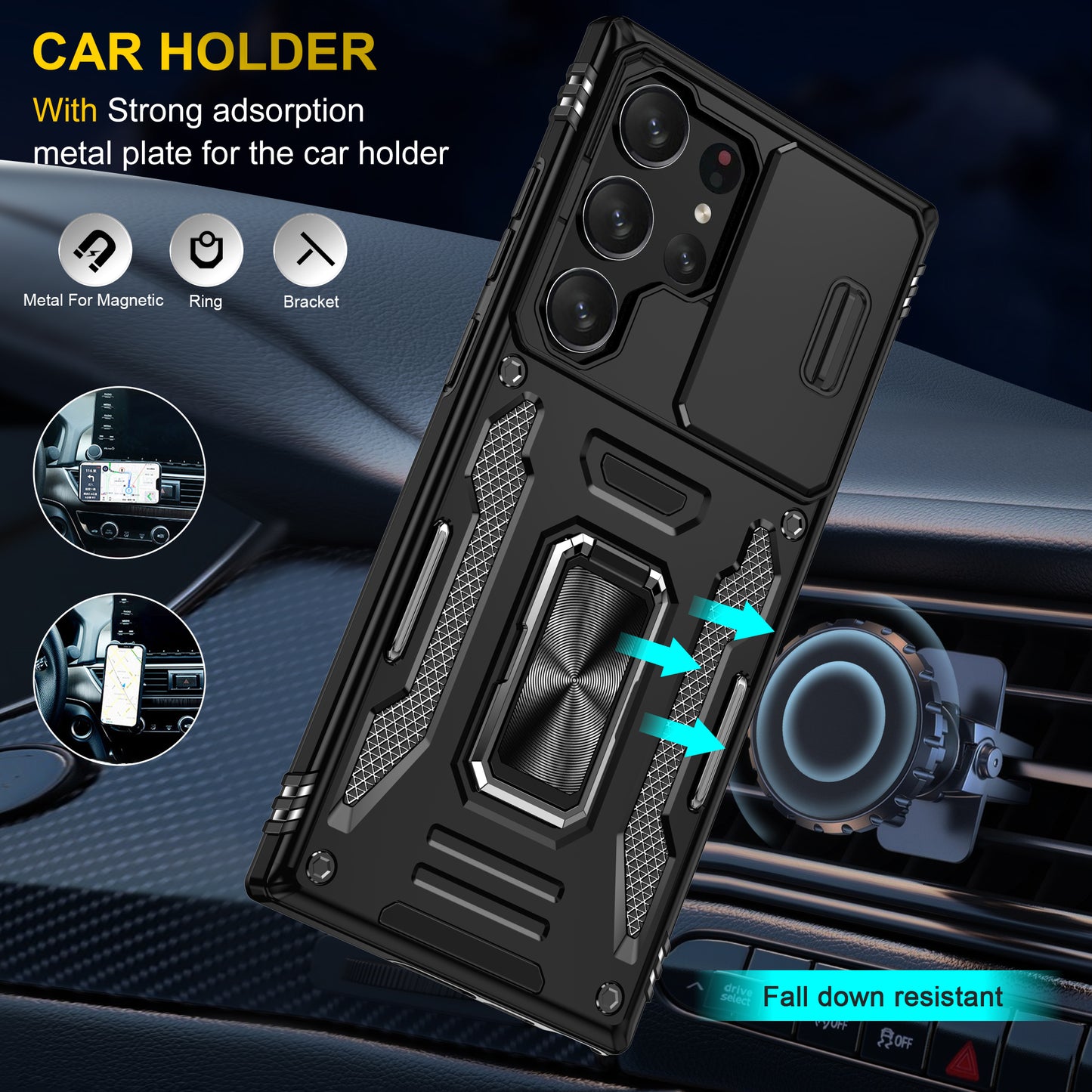 Armor Series For Samsung Galaxy S24 Ultra Case Slide Lens Protection Shockproof PC+TPU Kickstand Phone Cover - Black