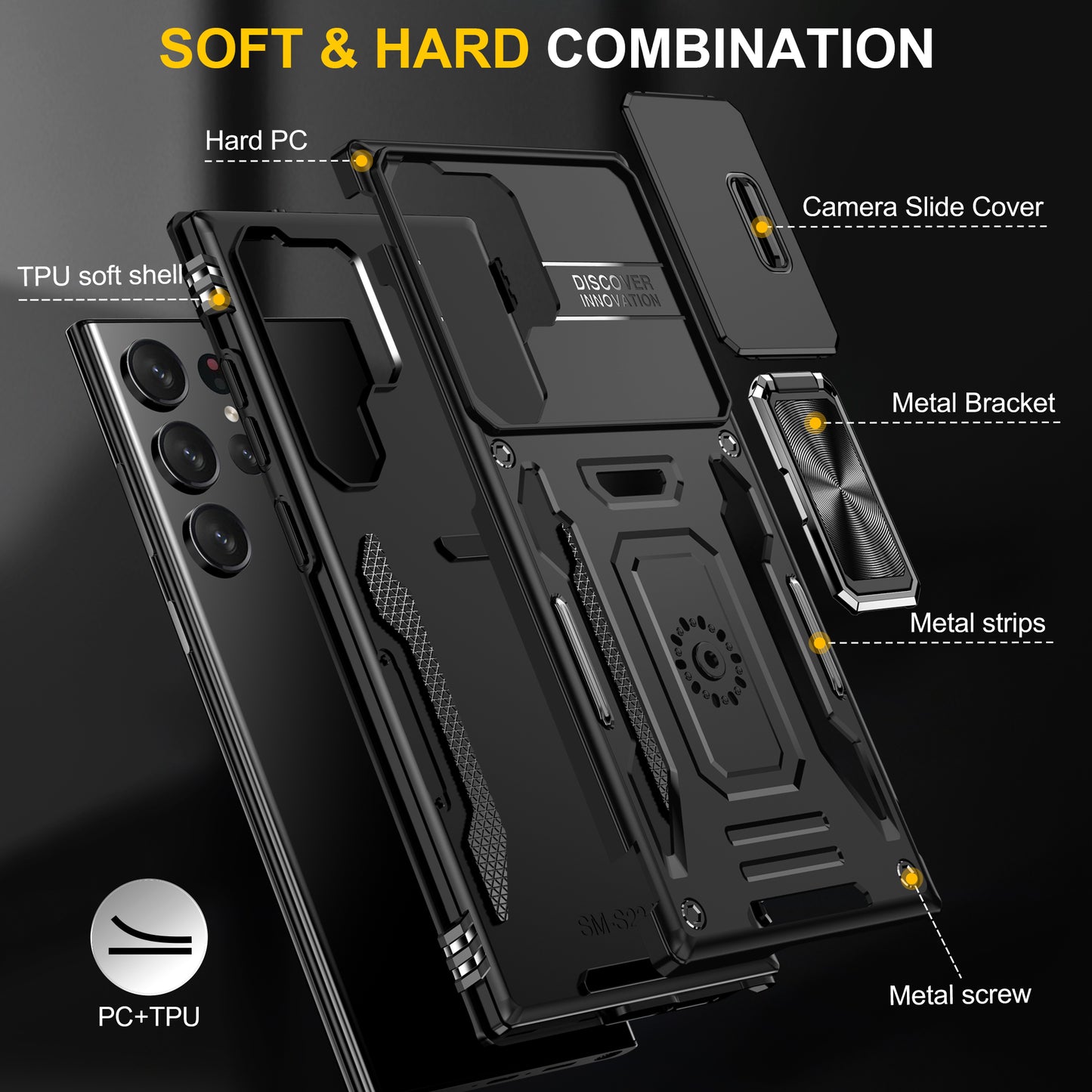 Armor Series For Samsung Galaxy S24 Ultra Case Slide Lens Protection Shockproof PC+TPU Kickstand Phone Cover - Black