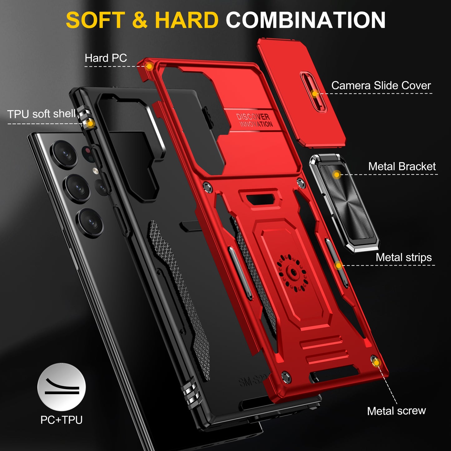Armor Series For Samsung Galaxy S24 Ultra Case Slide Lens Protection Shockproof PC+TPU Kickstand Phone Cover -  Red