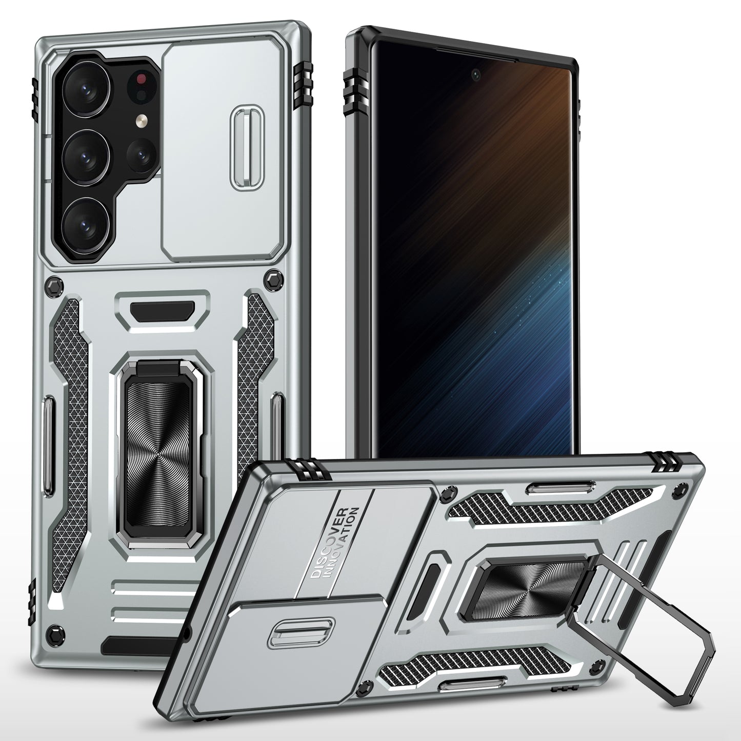 Armor Series For Samsung Galaxy S24 Ultra Case Slide Lens Protection Shockproof PC+TPU Kickstand Phone Cover - Grey