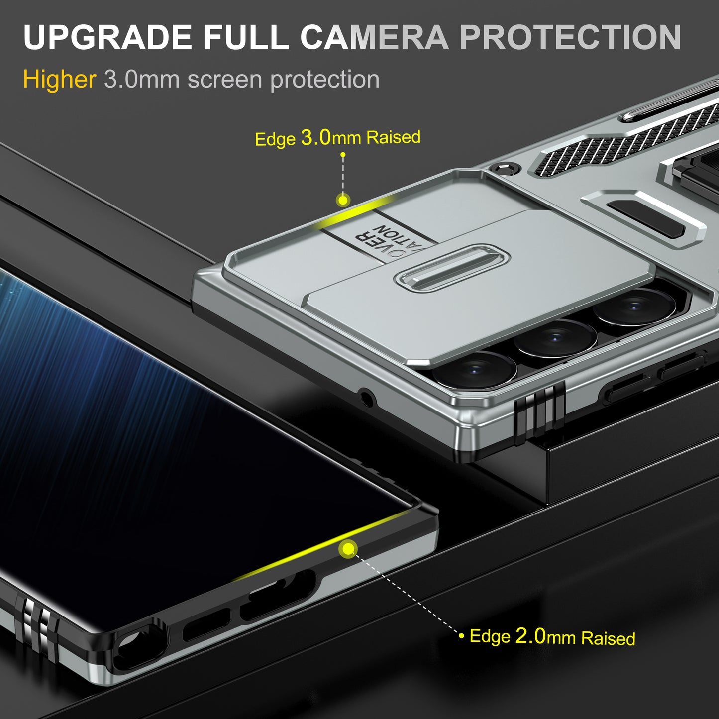 Armor Series For Samsung Galaxy S24 Ultra Case Slide Lens Protection Shockproof PC+TPU Kickstand Phone Cover - Grey