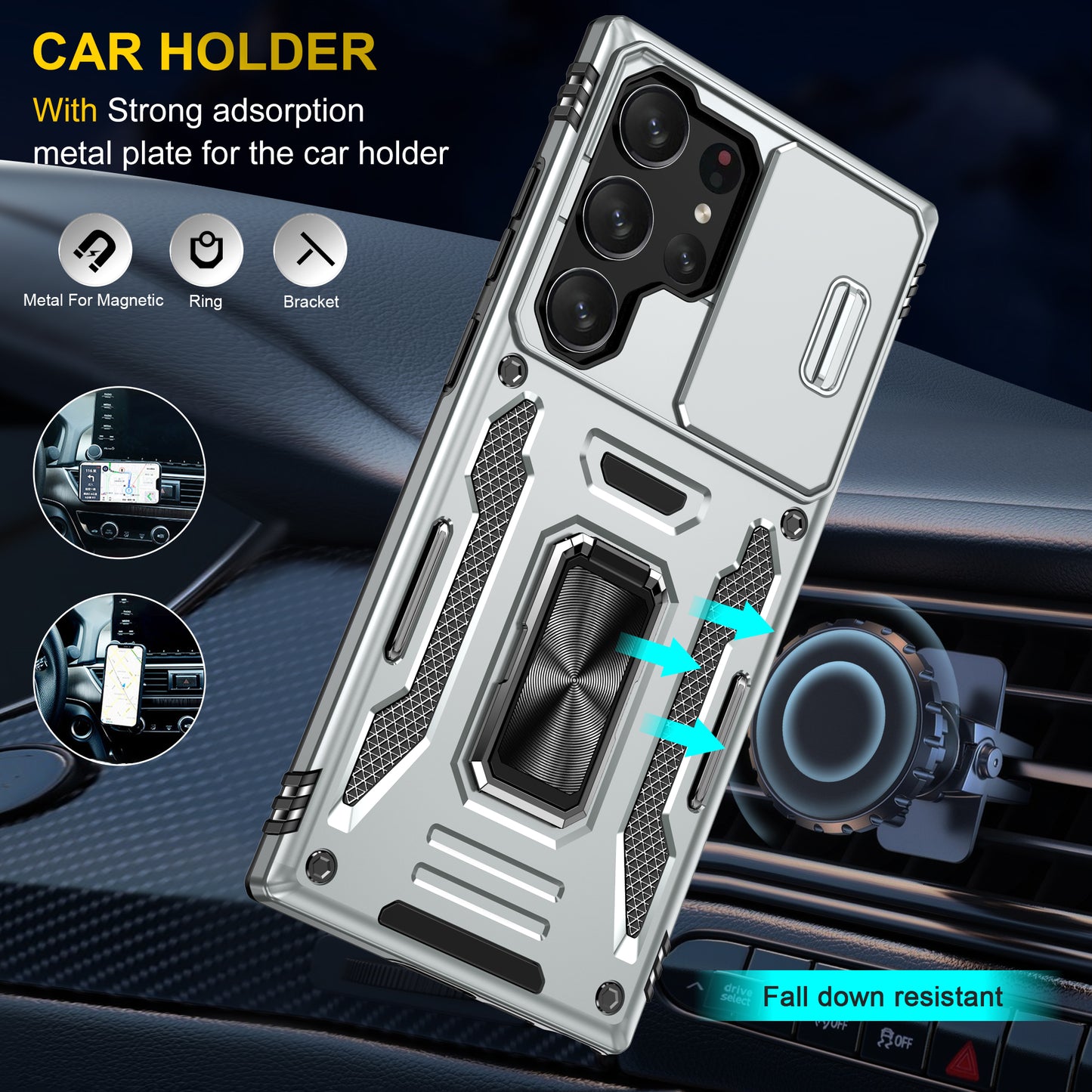 Armor Series For Samsung Galaxy S24 Ultra Case Slide Lens Protection Shockproof PC+TPU Kickstand Phone Cover - Grey