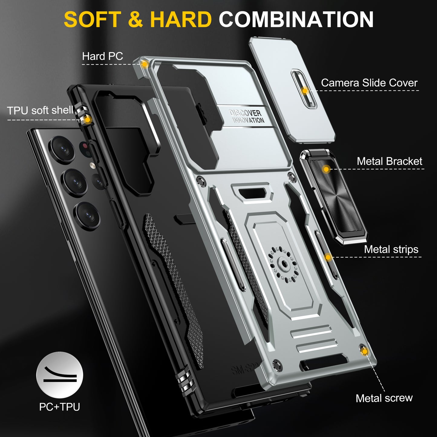Armor Series For Samsung Galaxy S24 Ultra Case Slide Lens Protection Shockproof PC+TPU Kickstand Phone Cover - Grey