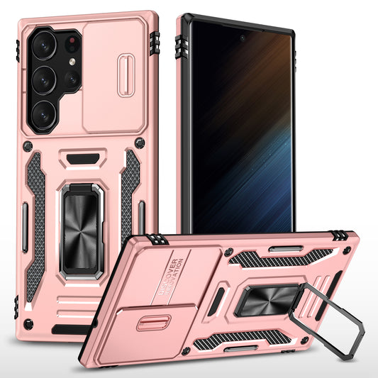 Armor Series For Samsung Galaxy S24 Ultra Case Slide Lens Protection Shockproof PC+TPU Kickstand Phone Cover - Rose Gold