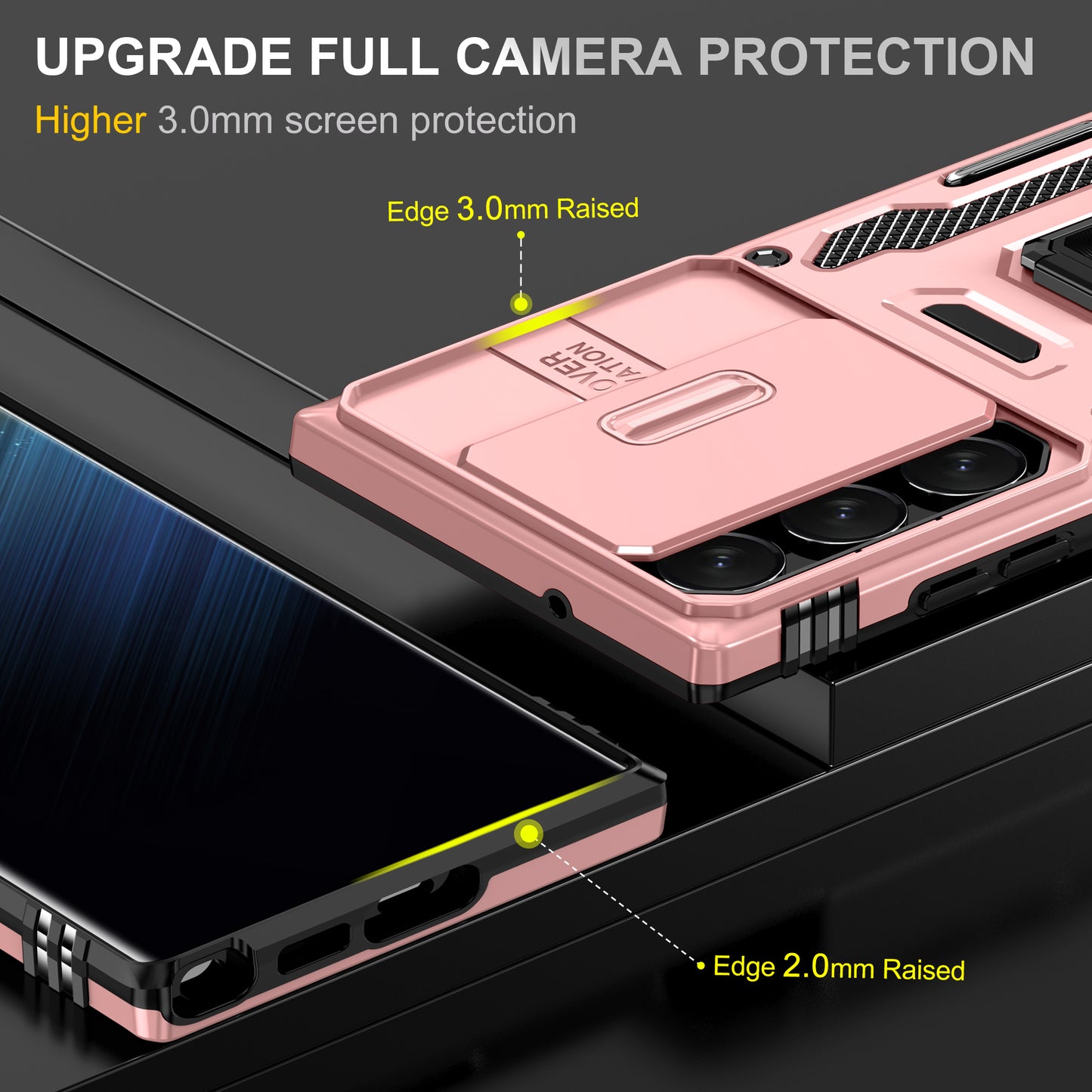 Armor Series For Samsung Galaxy S24 Ultra Case Slide Lens Protection Shockproof PC+TPU Kickstand Phone Cover - Rose Gold