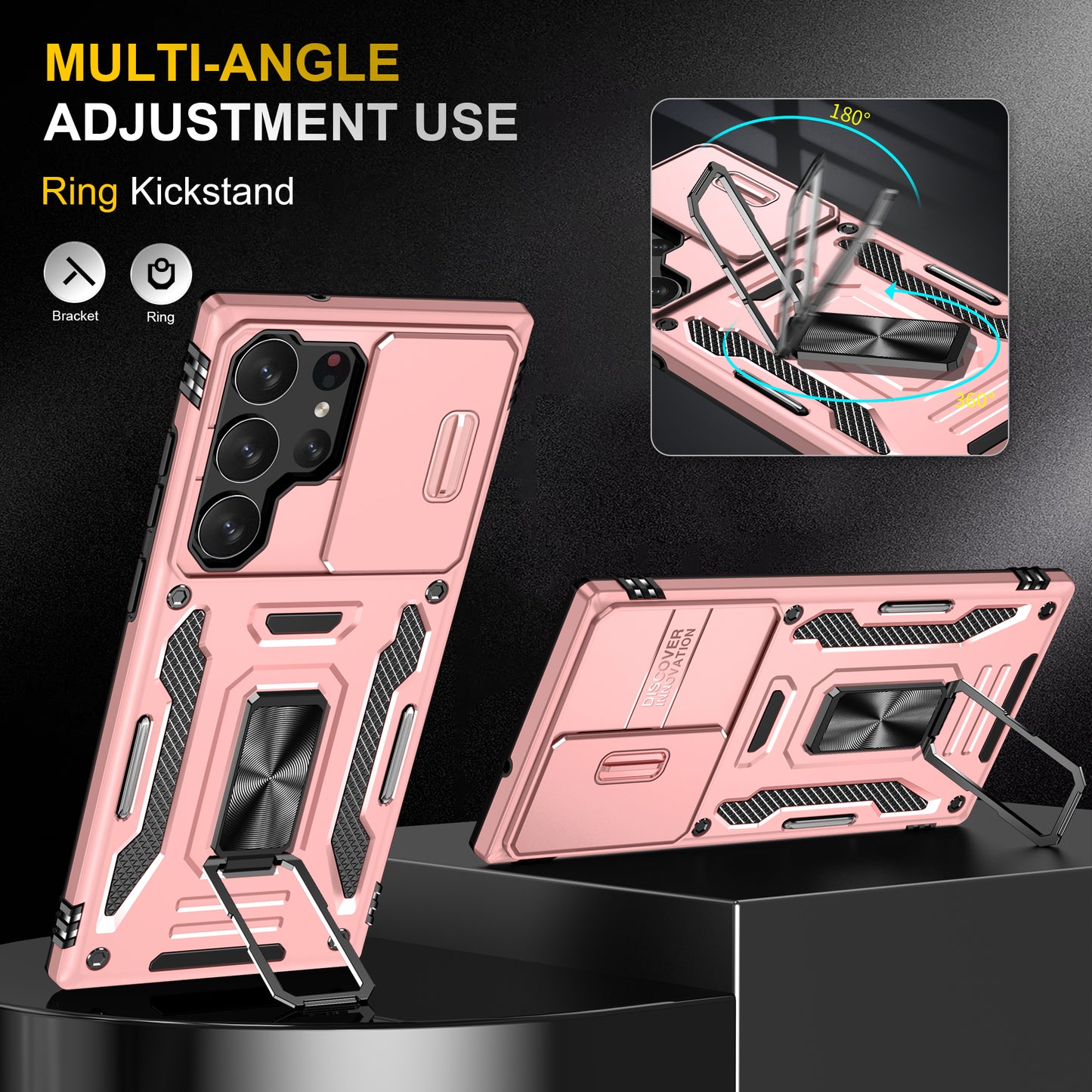 Armor Series For Samsung Galaxy S24 Ultra Case Slide Lens Protection Shockproof PC+TPU Kickstand Phone Cover - Rose Gold