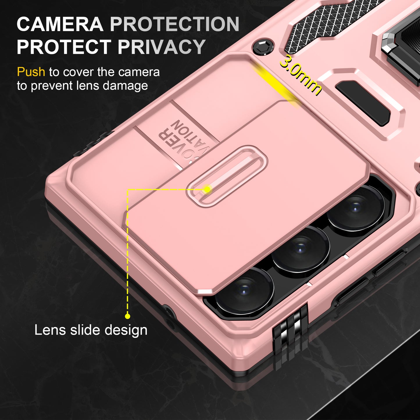 Armor Series For Samsung Galaxy S24 Ultra Case Slide Lens Protection Shockproof PC+TPU Kickstand Phone Cover - Rose Gold