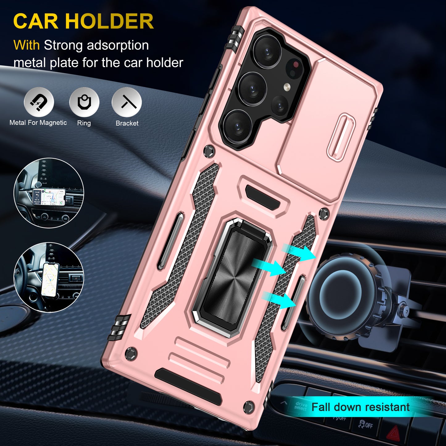 Armor Series For Samsung Galaxy S24 Ultra Case Slide Lens Protection Shockproof PC+TPU Kickstand Phone Cover - Rose Gold