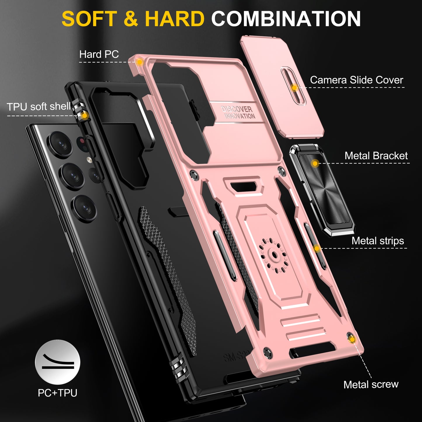 Armor Series For Samsung Galaxy S24 Ultra Case Slide Lens Protection Shockproof PC+TPU Kickstand Phone Cover - Rose Gold