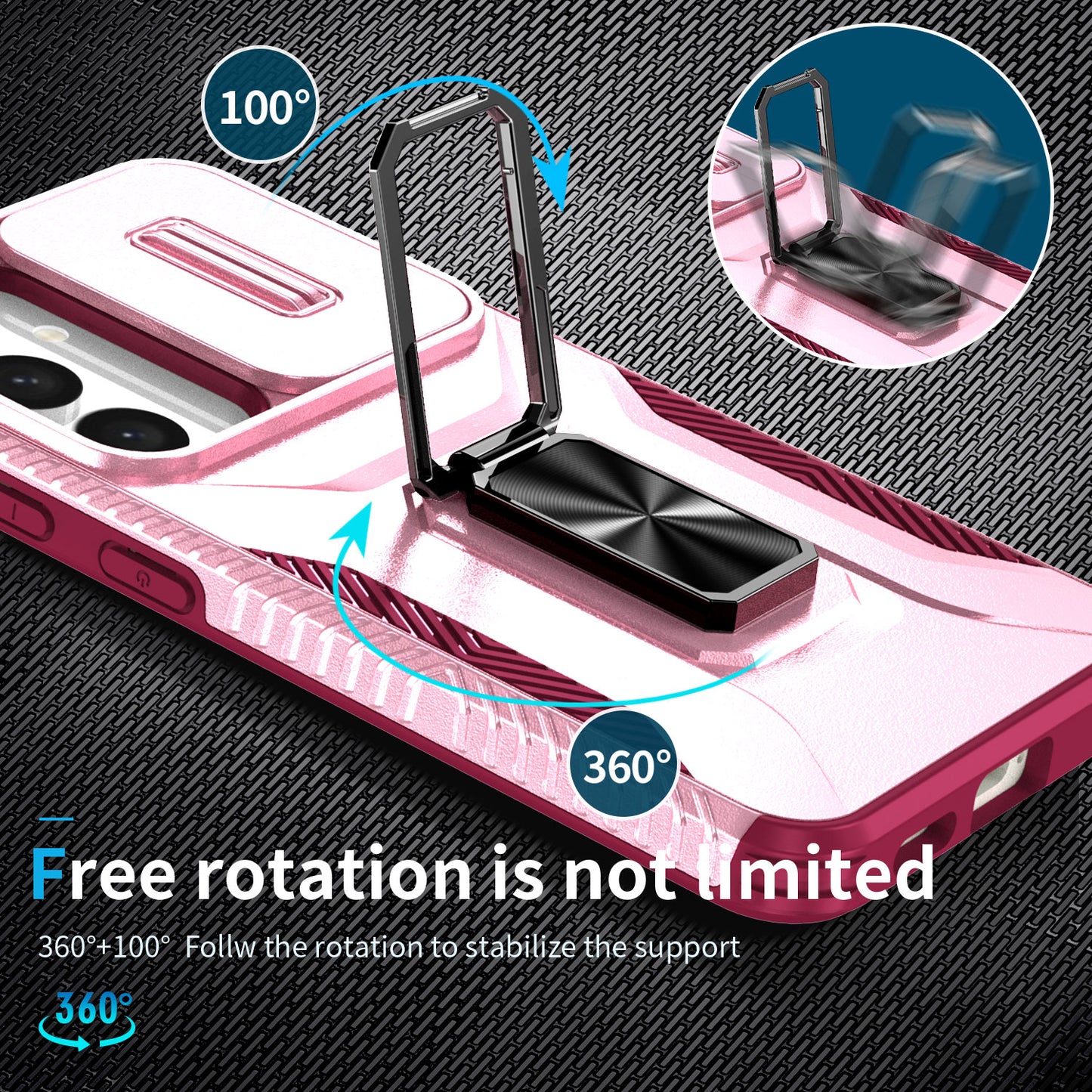 For Samsung Galaxy S24+ Case Kickstand Slide Lens Protection Phone Cover - Pink+Rose
