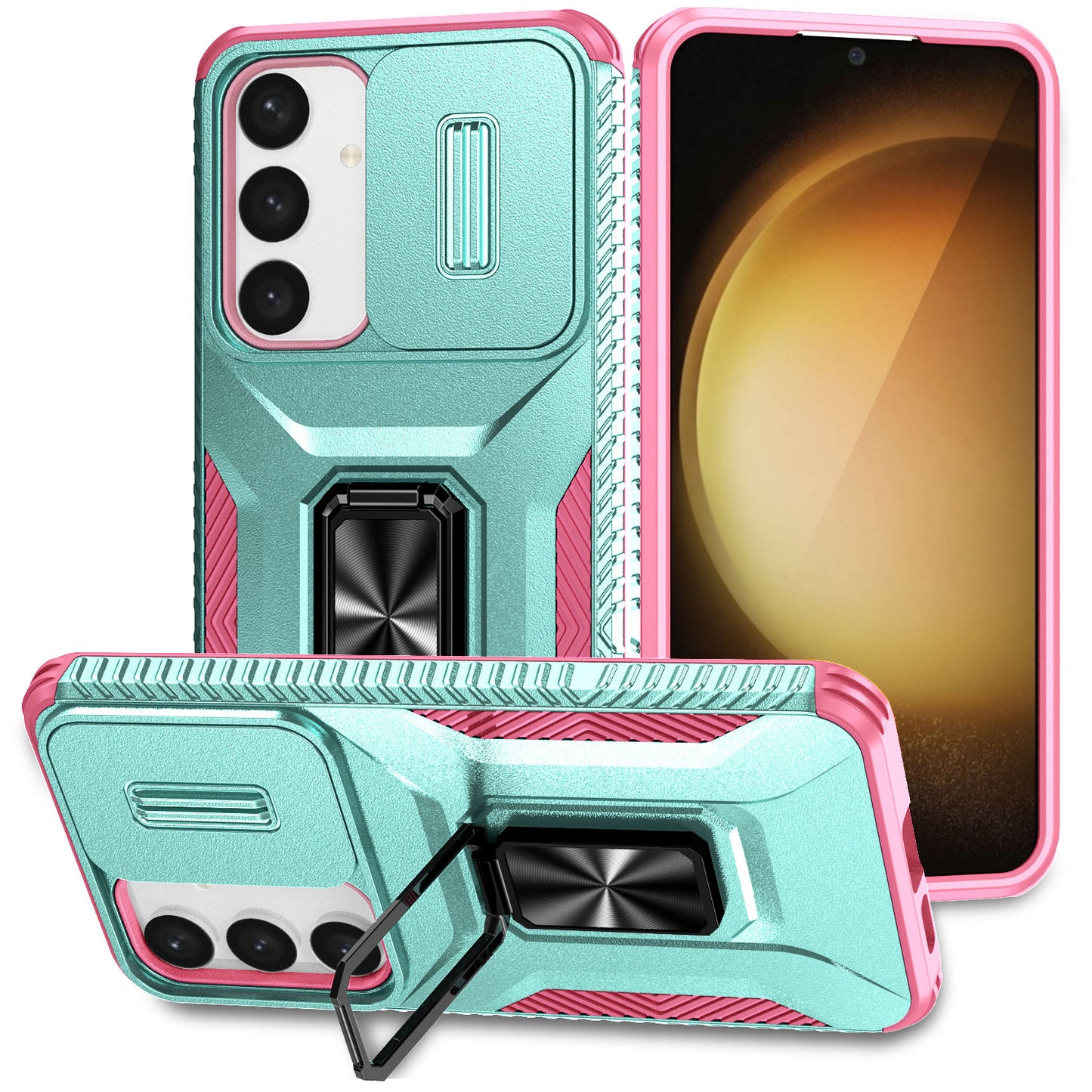 For Samsung Galaxy S24+ Case Kickstand Slide Lens Protection Phone Cover - Cyan+Pink