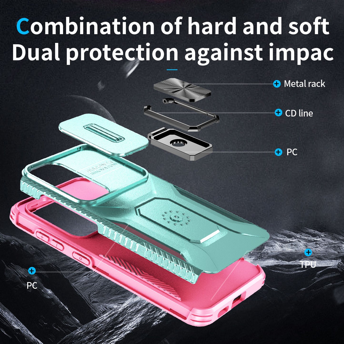 For Samsung Galaxy S24+ Case Kickstand Slide Lens Protection Phone Cover - Cyan+Pink
