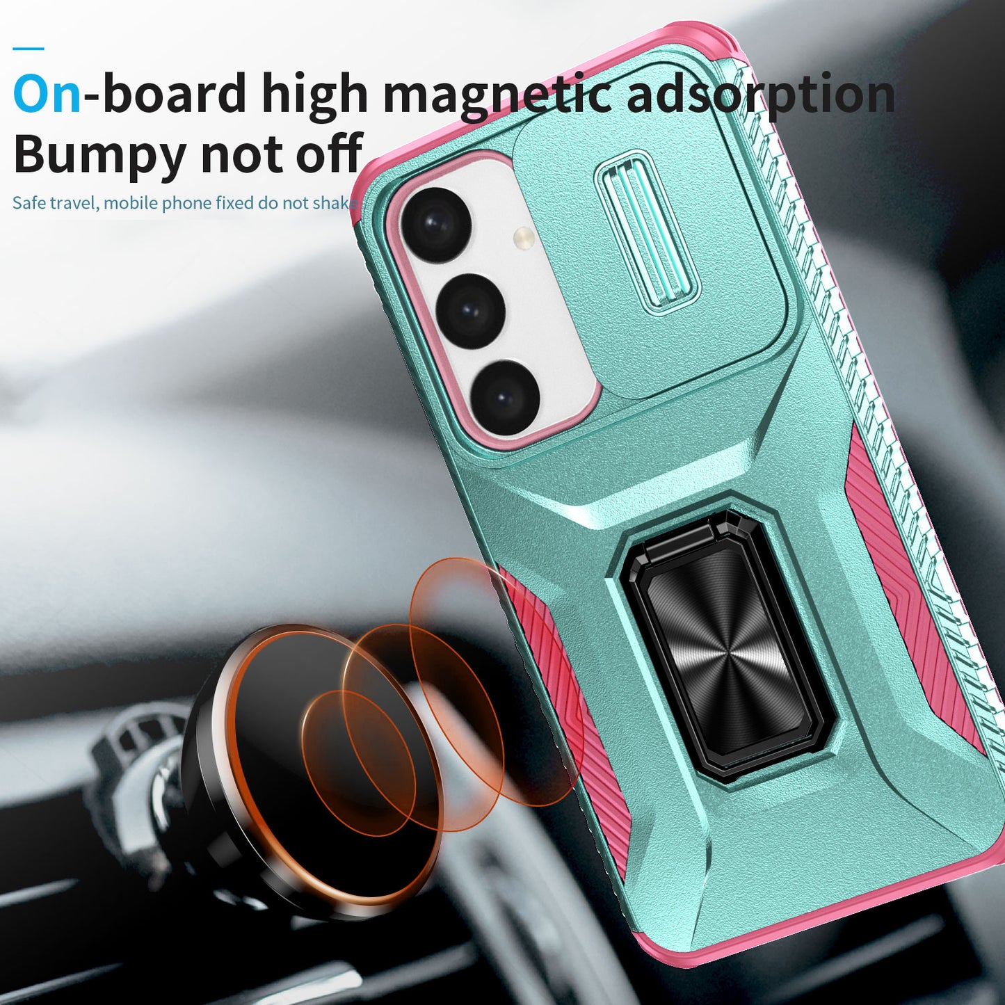 For Samsung Galaxy S24+ Case Kickstand Slide Lens Protection Phone Cover - Cyan+Pink