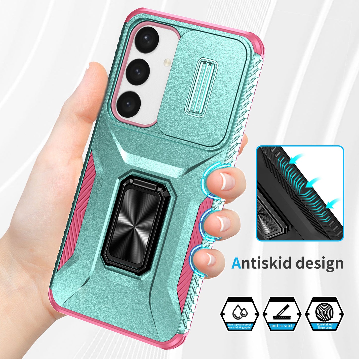 For Samsung Galaxy S24+ Case Kickstand Slide Lens Protection Phone Cover - Cyan+Pink