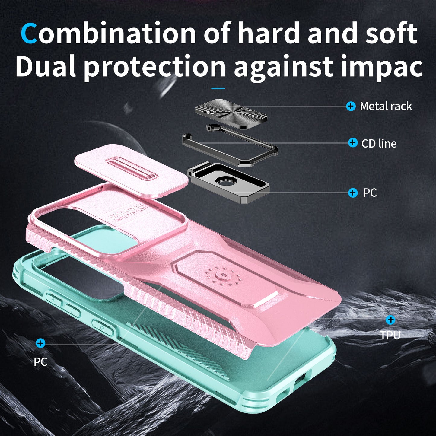 For Samsung Galaxy S24 Case Kickstand PC+TPU Phone Cover Support Magnetic Car Mount - Pink+Cyan