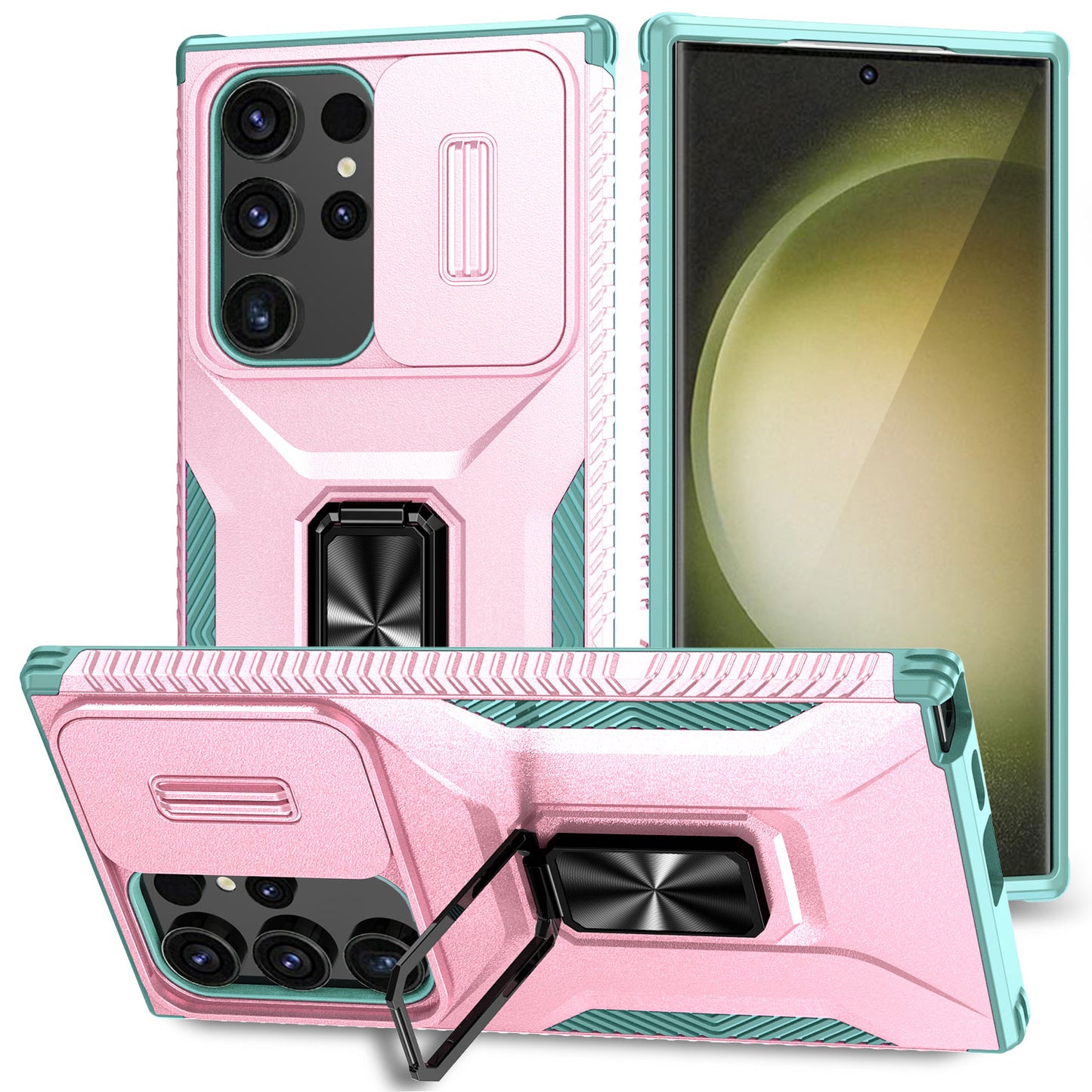 For Samsung Galaxy S24 Ultra Case Rotate Kickstand Slide Lens Window Phone Cover - Pink+Cyan