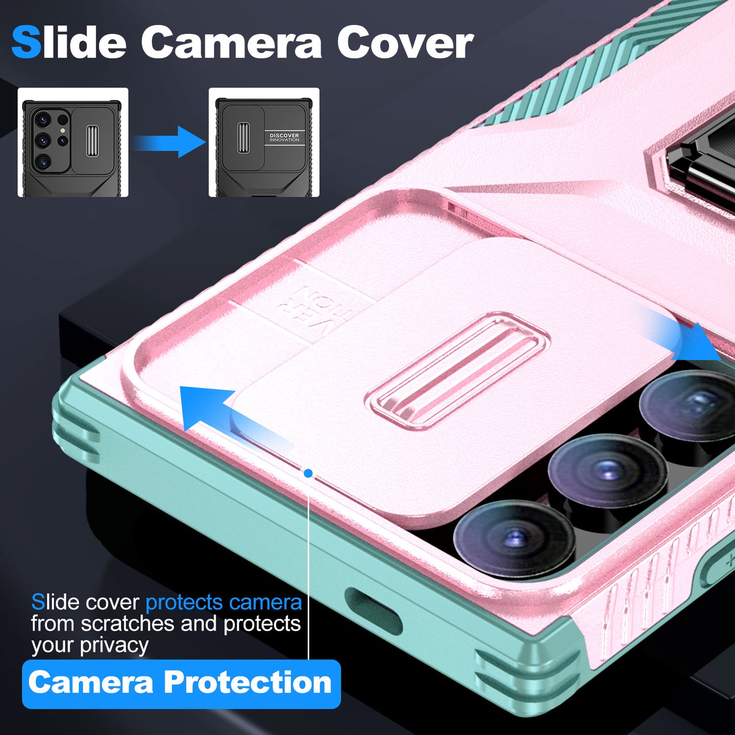 For Samsung Galaxy S24 Ultra Case Rotate Kickstand Slide Lens Window Phone Cover - Pink+Cyan