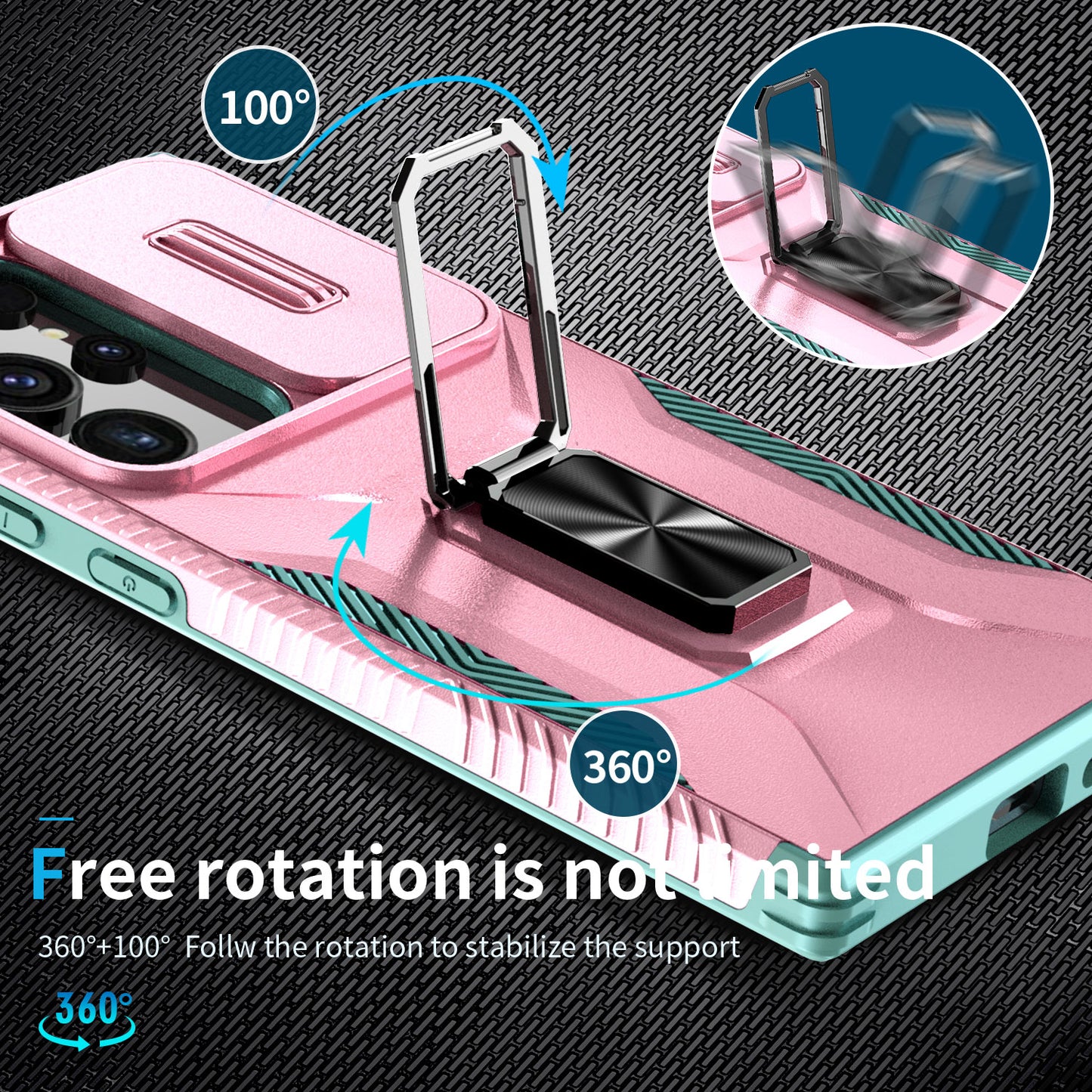 For Samsung Galaxy S24 Ultra Case Rotate Kickstand Slide Lens Window Phone Cover - Pink+Cyan