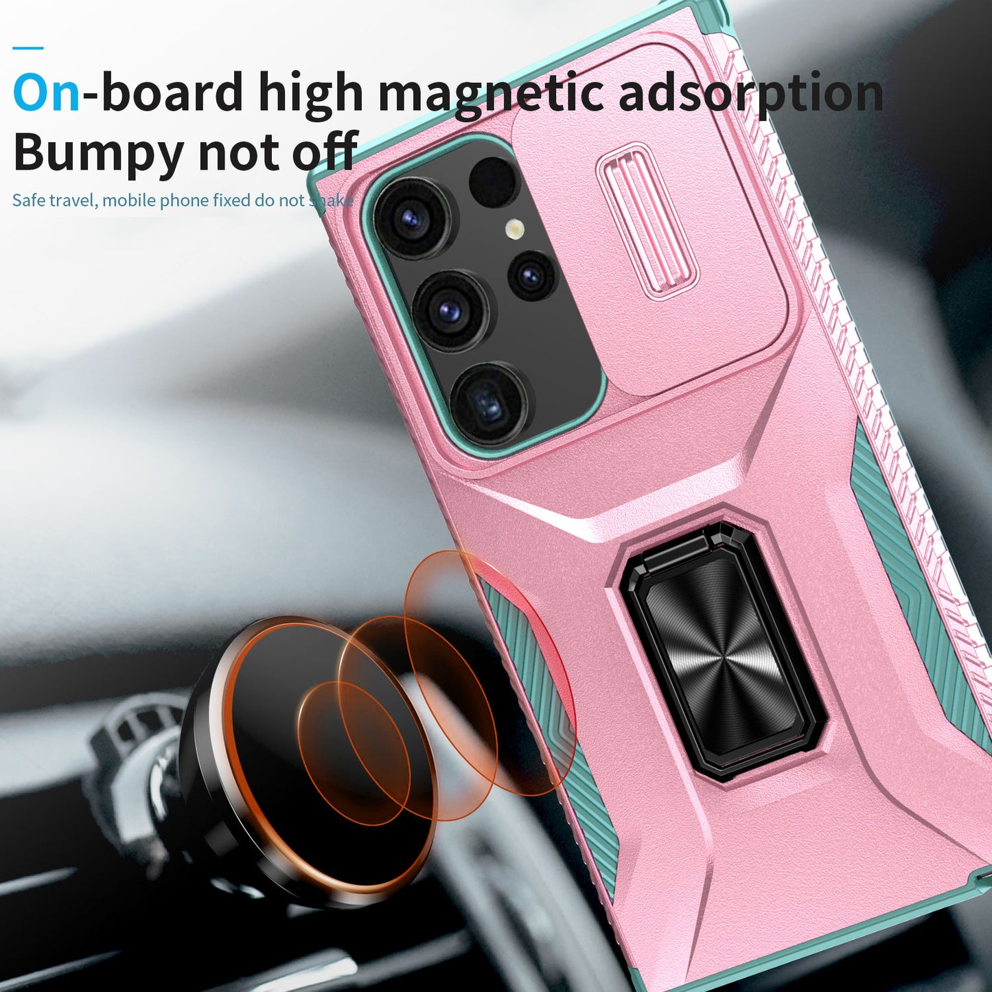 For Samsung Galaxy S24 Ultra Case Rotate Kickstand Slide Lens Window Phone Cover - Pink+Cyan