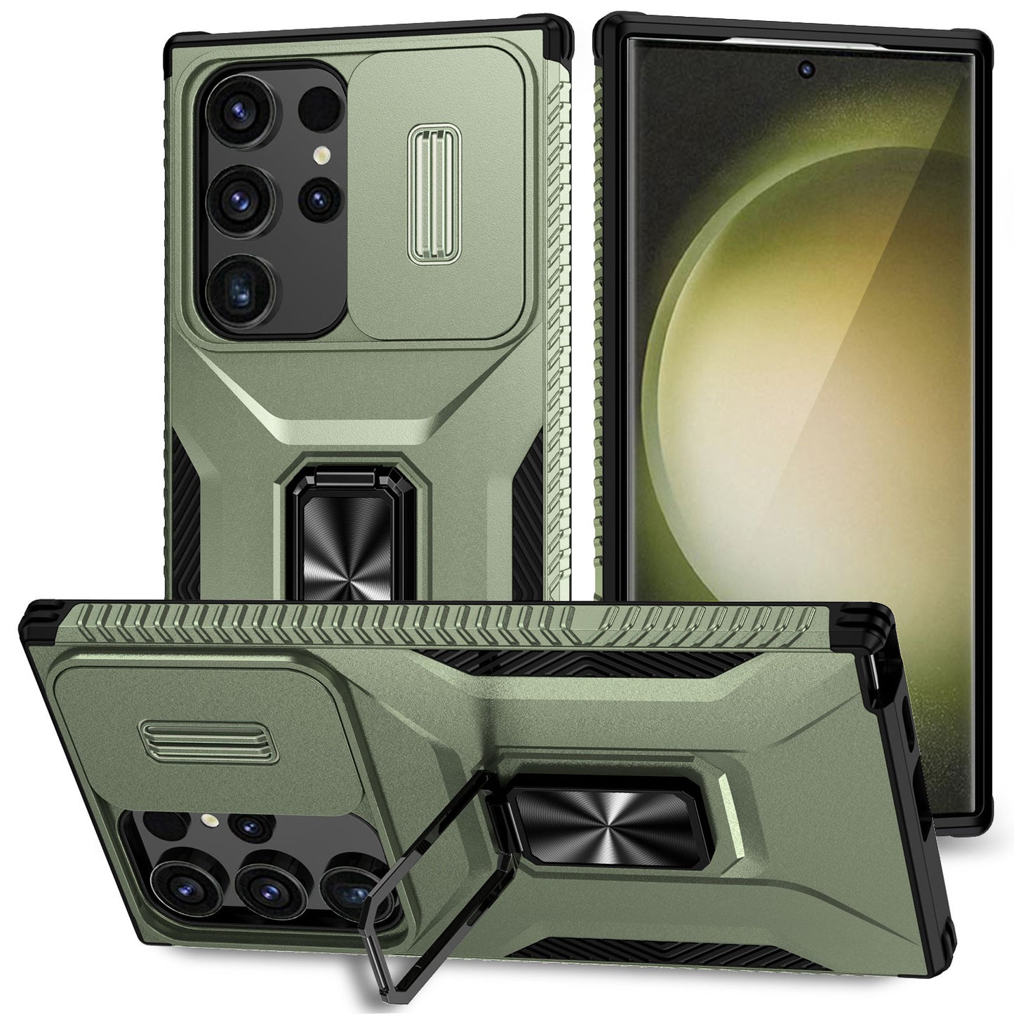 For Samsung Galaxy S24 Ultra Case Rotate Kickstand Slide Lens Window Phone Cover - Green